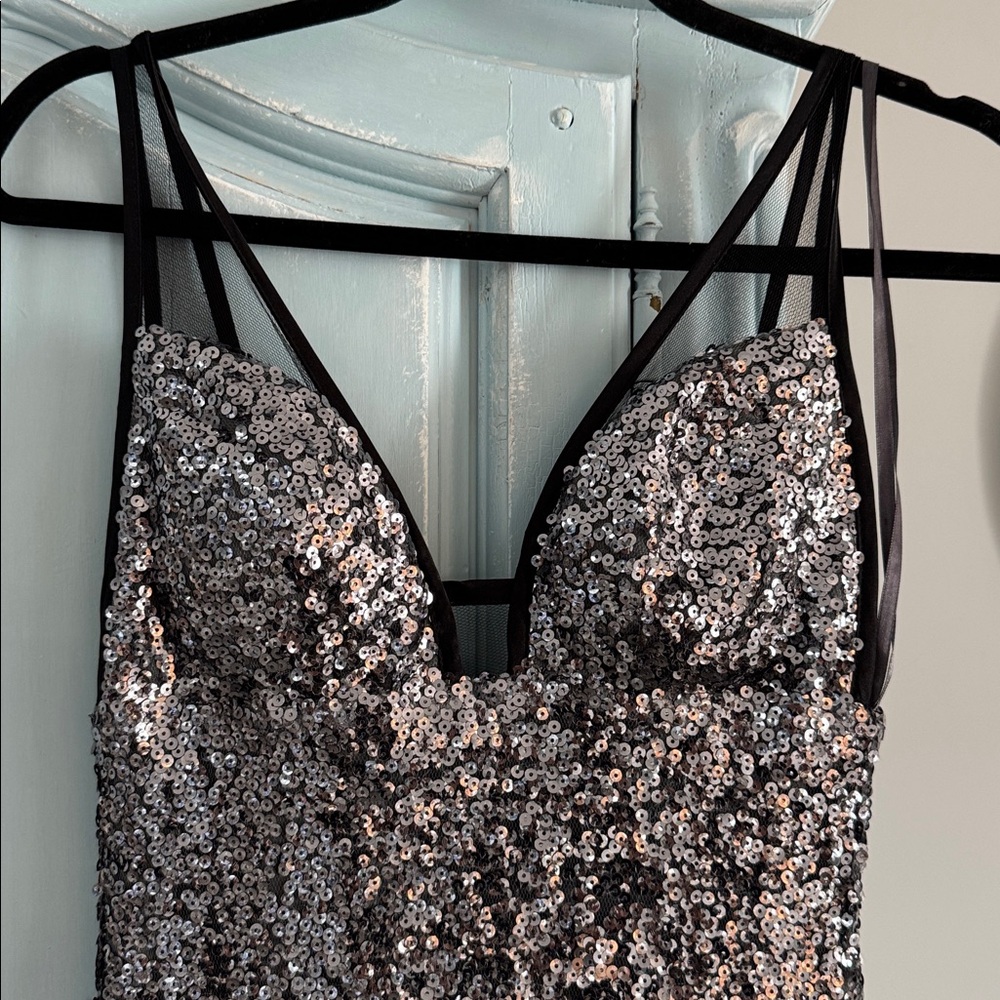 Faviana Elegant Silver Sequin gown